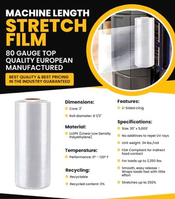 80 Gauge Cast Stretch Wrap – 20" x 5,000 ft | 3" Core